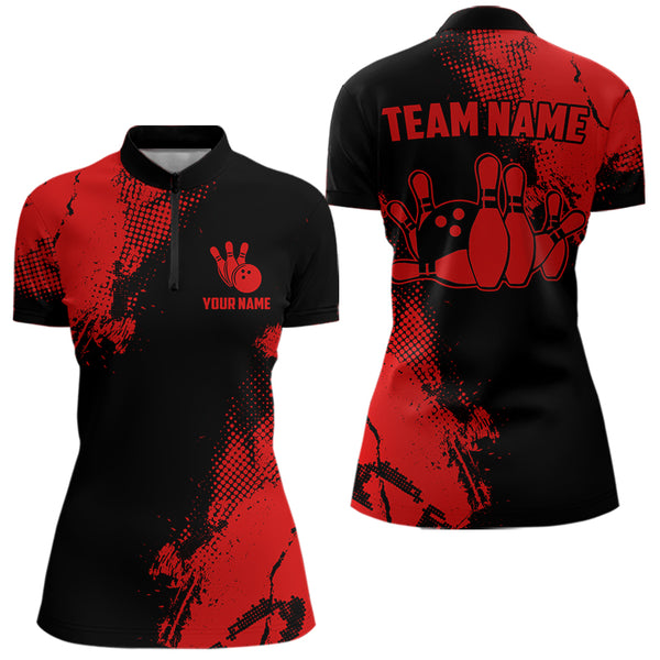Black and Red Retro Women Bowling Polo, Quarter Zip shirts Custom team bowling jerseys ladies outfit NQS9394