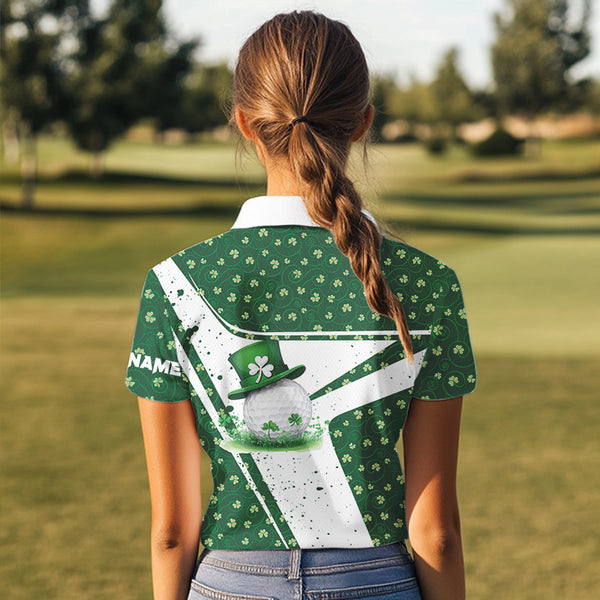 Green and White clover pattern Women golf polo shirts Customize St Patrick Day team ladies golf attire NQS9396