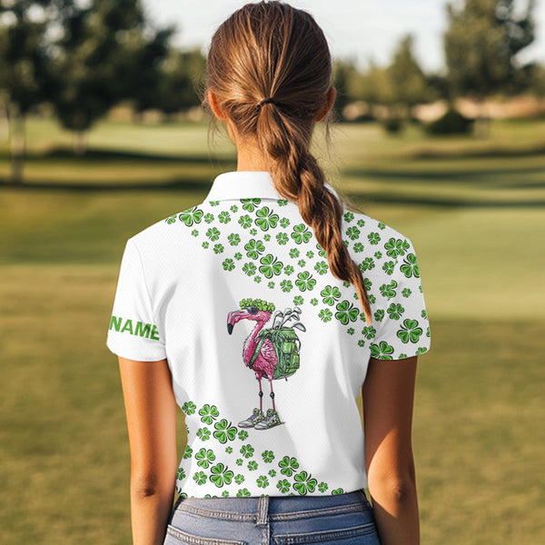 Funny Flamingo Green clover pattern White golf polo shirt for Women Custom St Patrick Day golf apparel NQS9399