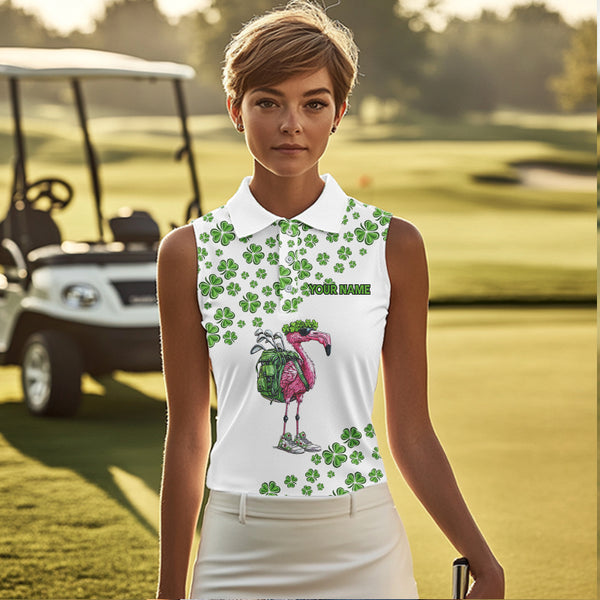 Funny Flamingo Green clover pattern White sleeveless golf polos Custom St Patrick Day golf apparel NQS9399