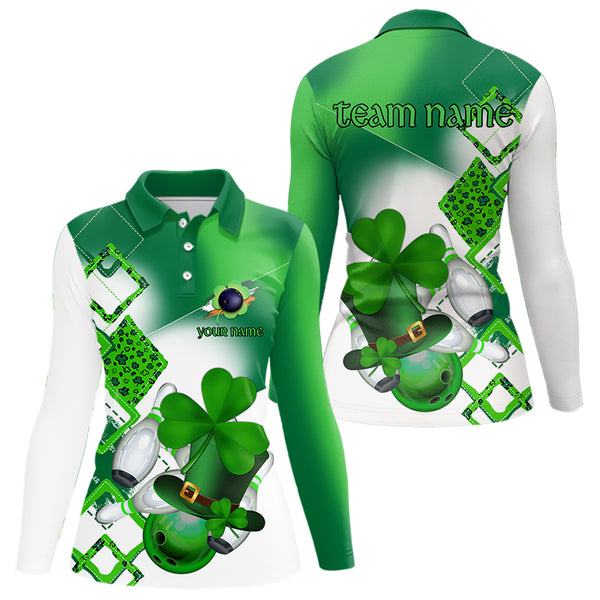 Green shamrock Women bowling polo, quarter zip shirts Custom St Patrick Day team league bowling jersey NQS9556