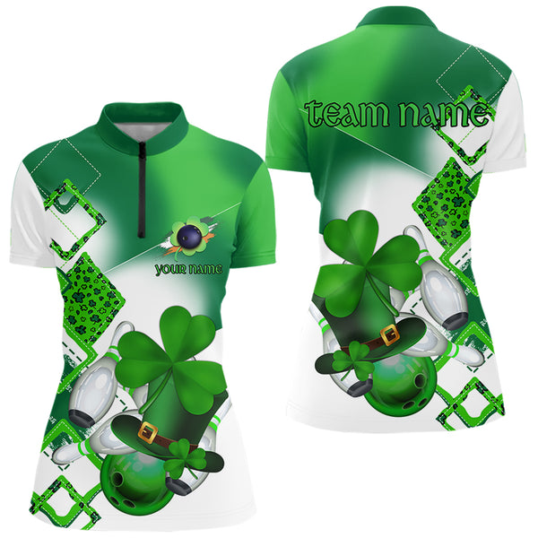 Green shamrock Women bowling polo, quarter zip shirts Custom St Patrick Day team league bowling jersey NQS9556