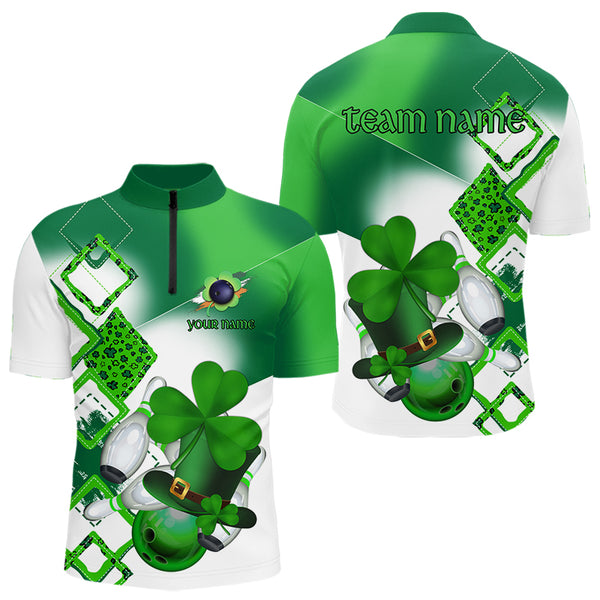 Green shamrock Mens bowling polo, quarter zip shirts Custom St Patrick Day team league bowling jerseys NQS9556