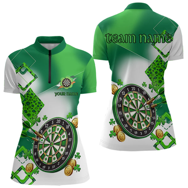 Green shamrock Women Darts Polo, Quarter Zip shirts Custom St Patrick Day team league darts jersey NQS9557