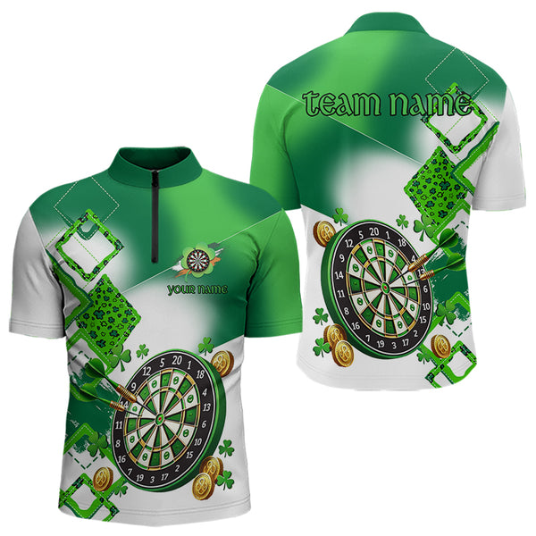 Green shamrock Mens Darts Polo, Quarter Zip shirts Custom St Patrick Day team league darts jersey NQS9557