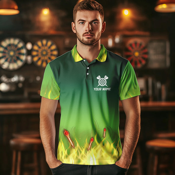 Personalized Yellow Green Flame Darts Polo, Quarter Zip Shirts For Men Custom Fire Team Darts Jerseys NQS9558