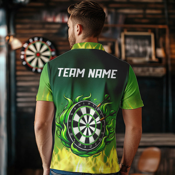 Personalized Yellow Green Flame Darts Polo, Quarter Zip Shirts For Men Custom Fire Team Darts Jerseys NQS9558