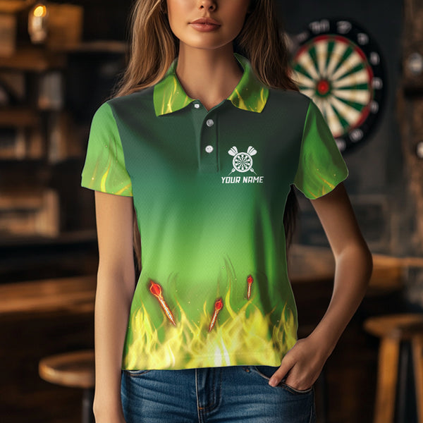 Personalized Yellow Green Flame Darts Polo, Quarter Zip Shirts For Women Custom Fire Team Darts Jersey NQS9558