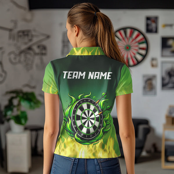Personalized Yellow Green Flame Darts Polo, Quarter Zip Shirts For Women Custom Fire Team Darts Jersey NQS9558