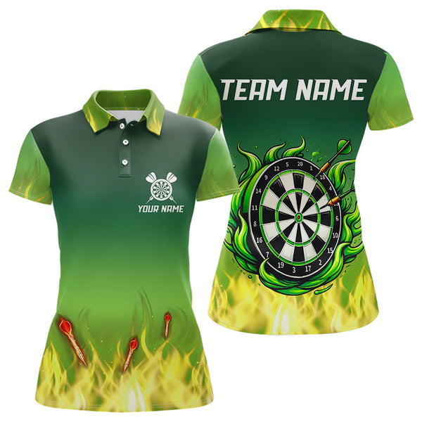 Personalized Yellow Green Flame Darts Polo, Quarter Zip Shirts For Women Custom Fire Team Darts Jersey NQS9558