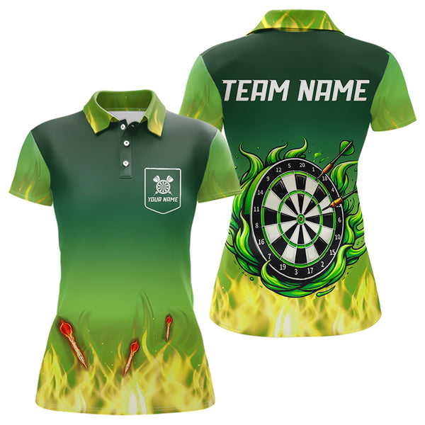Personalized Yellow Green Flame Darts Polo, Quarter Zip Shirts For Women Custom Fire Team Darts Jersey NQS9558