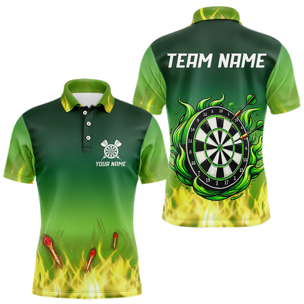 Personalized Yellow Green Flame Darts Polo, Quarter Zip Shirts For Men Custom Fire Team Darts Jerseys NQS9558