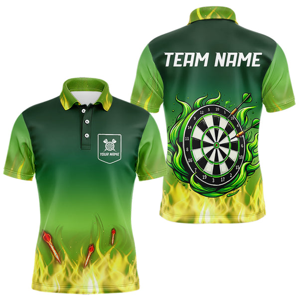 Personalized Yellow Green Flame Darts Polo, Quarter Zip Shirts For Men Custom Fire Team Darts Jerseys NQS9558