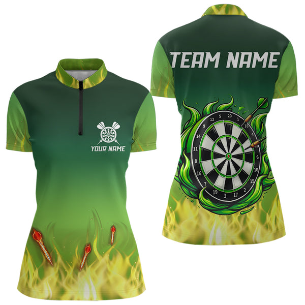 Personalized Yellow Green Flame Darts Polo, Quarter Zip Shirts For Women Custom Fire Team Darts Jersey NQS9558