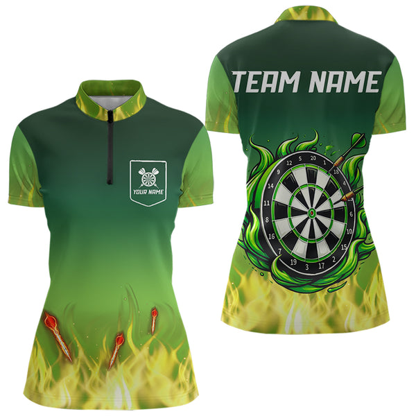 Personalized Yellow Green Flame Darts Polo, Quarter Zip Shirts For Women Custom Fire Team Darts Jersey NQS9558