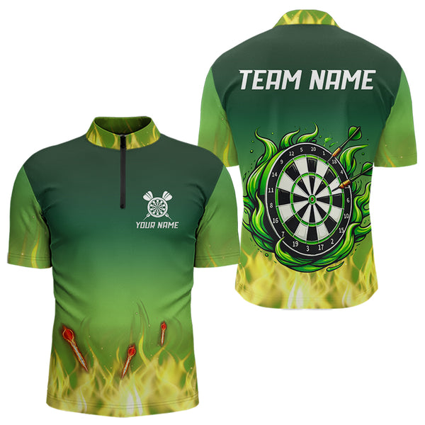 Personalized Yellow Green Flame Darts Polo, Quarter Zip Shirts For Men Custom Fire Team Darts Jerseys NQS9558