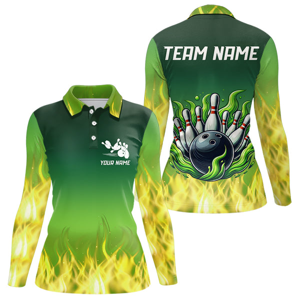 Personalized Yellow Green Flame Bowling Polo, Quarter Zip Shirts For Women Custom Team Bowling Jersey NQS9559