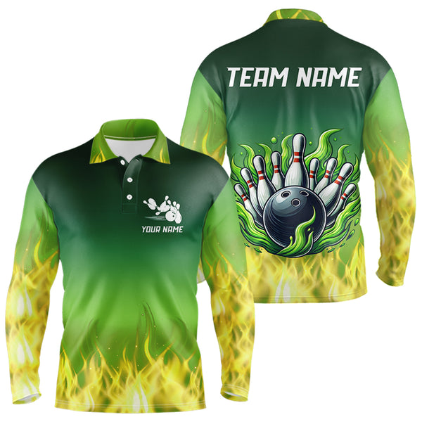 Personalized Yellow Green Flame Bowling Polo, Quarter Zip Shirts For Men Custom Team Bowling Jersey NQS9559