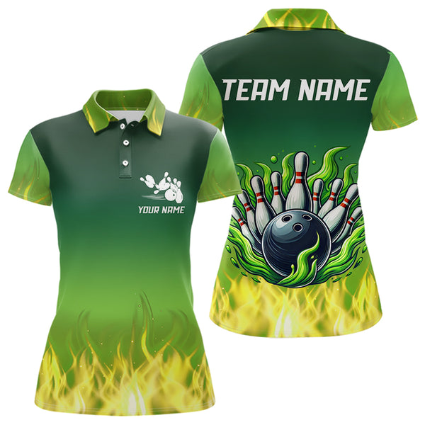Personalized Yellow Green Flame Bowling Polo, Quarter Zip Shirts For Women Custom Team Bowling Jersey NQS9559