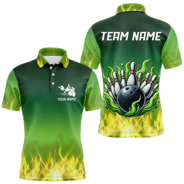 Personalized Yellow Green Flame Bowling Polo, Quarter Zip Shirts For Men Custom Team Bowling Jersey NQS9559