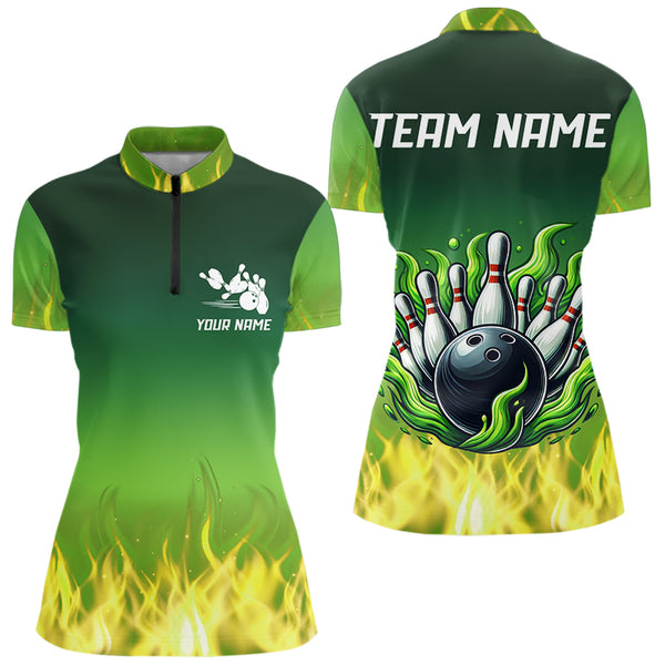 Personalized Yellow Green Flame Bowling Polo, Quarter Zip Shirts For Women Custom Team Bowling Jersey NQS9559