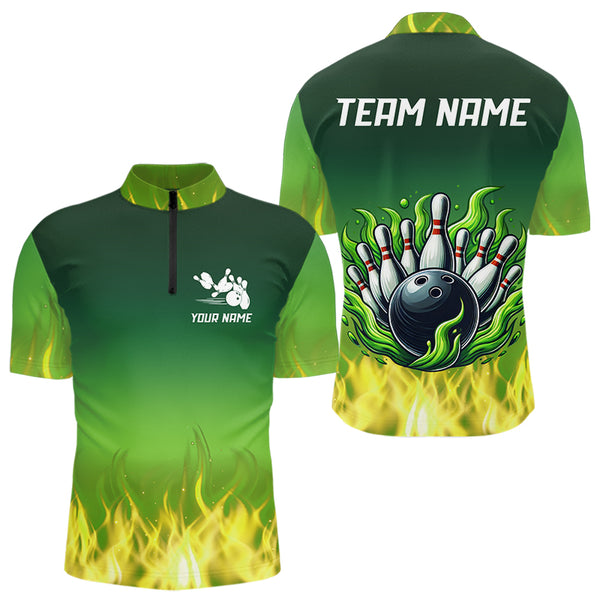 Personalized Yellow Green Flame Bowling Polo, Quarter Zip Shirts For Men Custom Team Bowling Jersey NQS9559