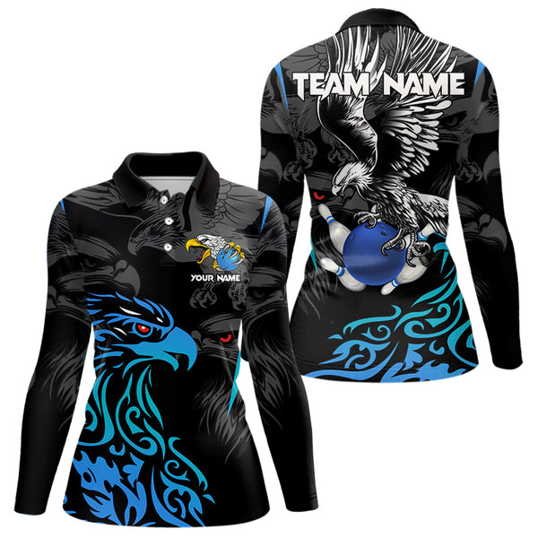 Black and Blue Tribal Eagle Bowling Polo, Quarter Zip Shirts For Women Custom Eagle Bowling Team Shirt NQS9716