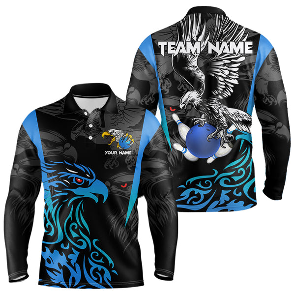 Black and Blue Tribal Eagle Bowling Polo, Quarter Zip Shirts For Men Custom Eagle Bowling Team Shirt NQS9716