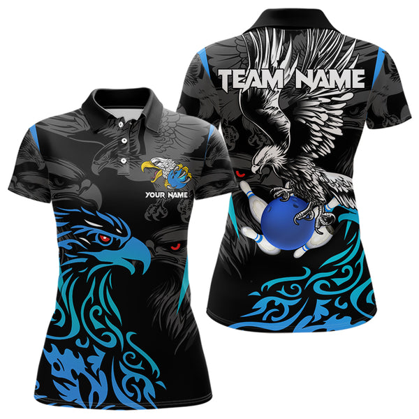 Black and Blue Tribal Eagle Bowling Polo, Quarter Zip Shirts For Women Custom Eagle Bowling Team Shirt NQS9716