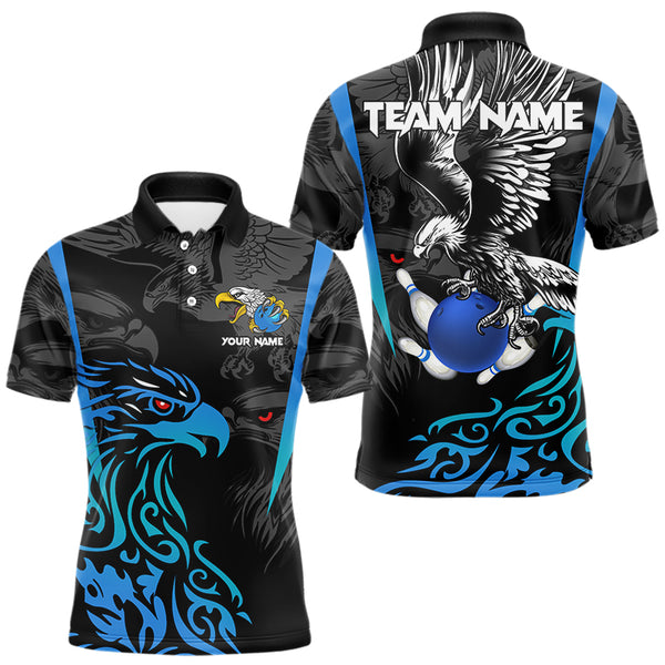 Black and Blue Tribal Eagle Bowling Polo, Quarter Zip Shirts For Men Custom Eagle Bowling Team Shirt NQS9716