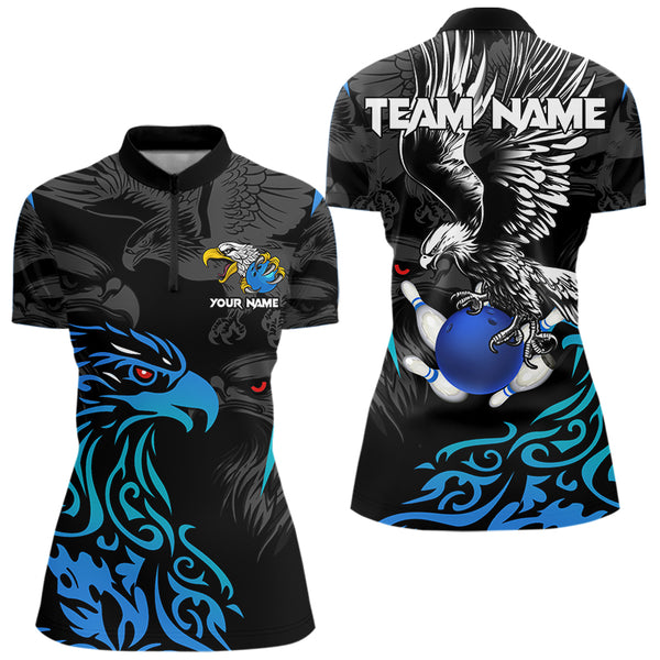 Black and Blue Tribal Eagle Bowling Polo, Quarter Zip Shirts For Women Custom Eagle Bowling Team Shirt NQS9716