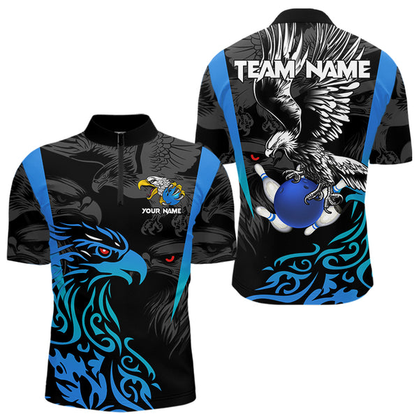 Black and Blue Tribal Eagle Bowling Polo, Quarter Zip Shirts For Men Custom Eagle Bowling Team Shirt NQS9716
