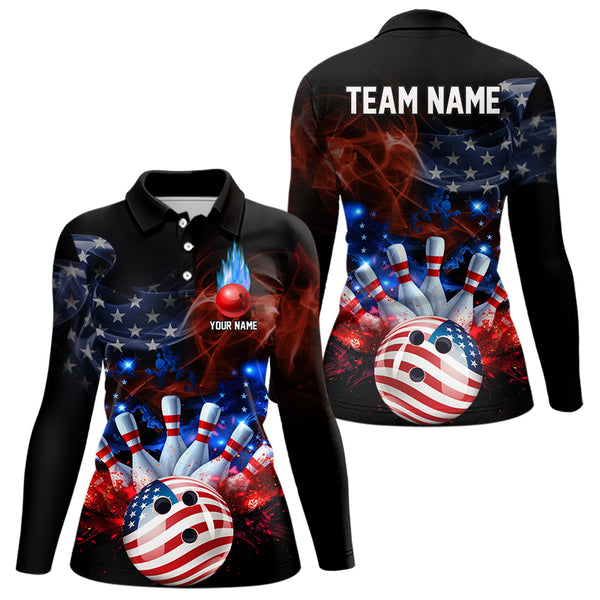 Personalized Smoke American Flag Bowling Team Shirts For Women Custom Patriotic Bowling Gifts NQS9717