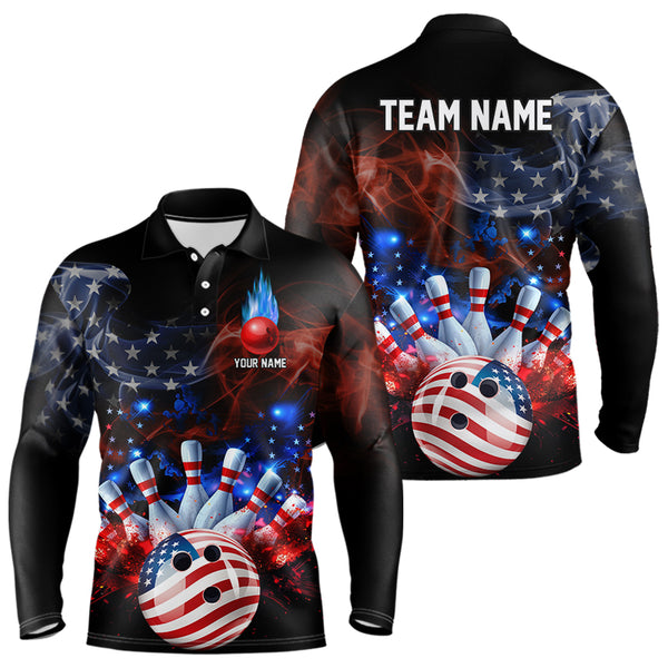 Personalized Smoke American Flag Bowling Team Shirts For Men Custom Patriotic Bowling Gifts For Bowler NQS9717