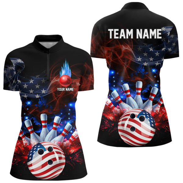 Personalized Smoke American Flag Bowling Team Shirts For Women Custom Patriotic Bowling Gifts NQS9717