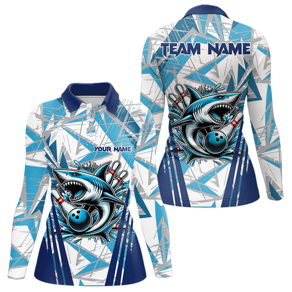 Personalized Blue Camo Shark Bowling Team Shirt For Women Custom Shark Bowling Polo, Quarter Zip Shirt NQS9719