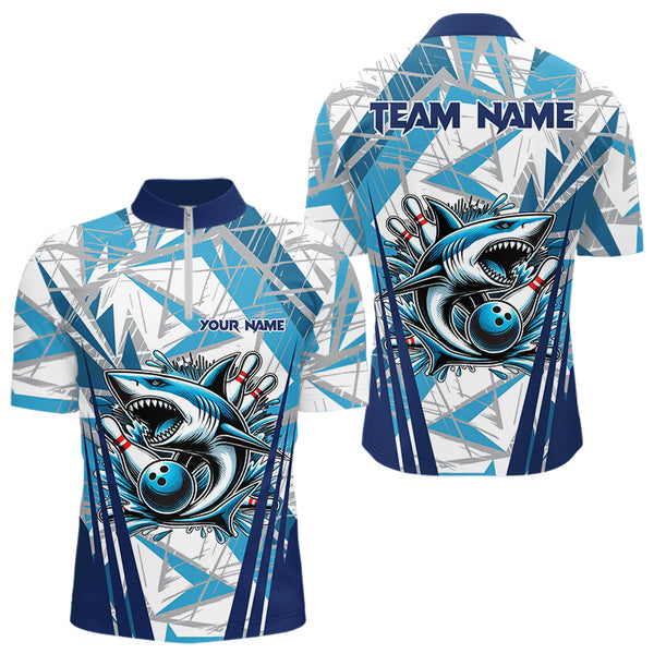 Personalized Blue Camo Shark Bowling Team Shirts For Men Custom Shark Bowling Polo, Quarter Zip Shirt NQS9719