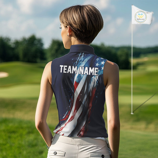 American flag Navy Blue Women sleeveless golf polo shirts Custom team patriotic golf top for ladies NQS9979