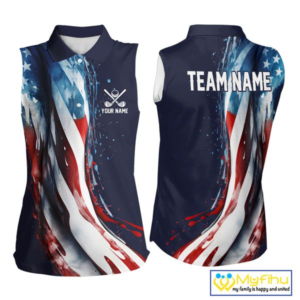 American flag Navy Blue Women sleeveless golf polo shirts Custom team patriotic golf top for ladies NQS9979