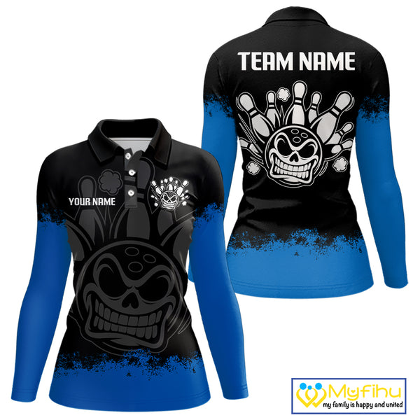 Black and Blue Funny Bowling Polo, Quarter Zip Shirt for Women Custom Bowling Team Jersey NQS9982