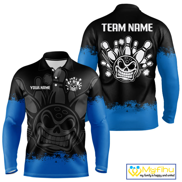 Black and Blue Funny Bowling Polo, Quarter Zip Shirt for Men Custom Bowling Team Jersey NQS9982