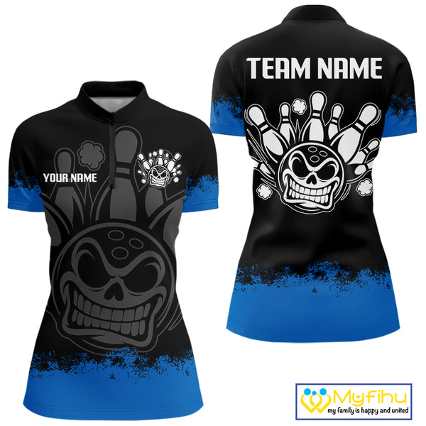 Black and Blue Funny Bowling Polo, Quarter Zip Shirt for Women Custom Bowling Team Jersey NQS9982