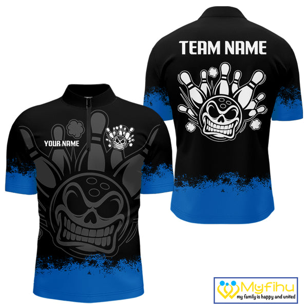 Black and Blue Funny Bowling Polo, Quarter Zip Shirt for Men Custom Bowling Team Jersey NQS9982
