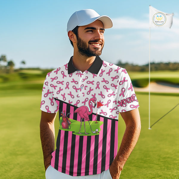 Pink ribbon pattern flamingo Men golf polo shirts Custom breast cancer awareness golf outfit for men NQS10149