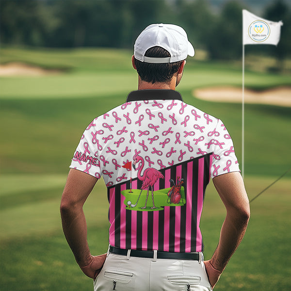 Pink ribbon pattern flamingo Men golf polo shirts Custom breast cancer awareness golf outfit for men NQS10149