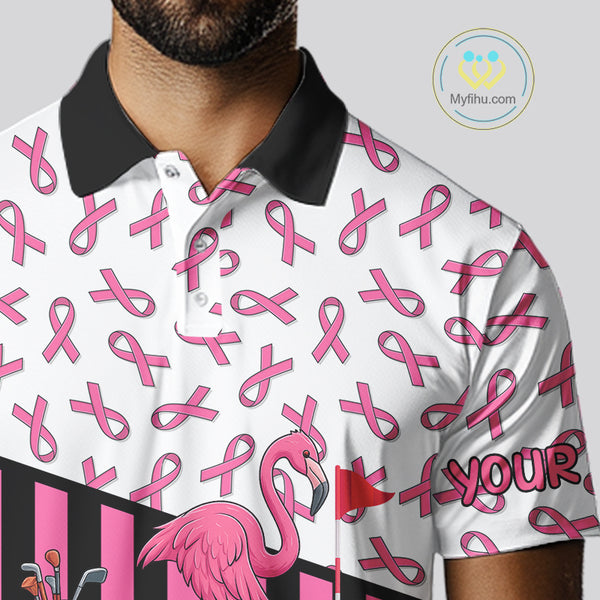 Pink ribbon pattern flamingo Men golf polo shirts Custom breast cancer awareness golf outfit for men NQS10149