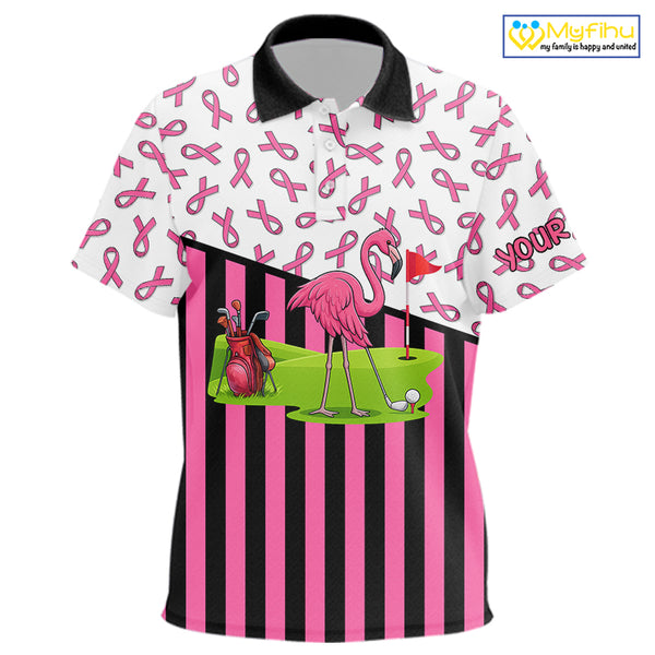 Pink ribbon pattern flamingo Kid golf polo shirts Custom breast cancer awareness Kid golf outfit NQS10149