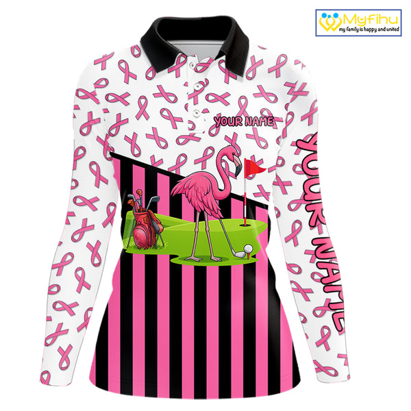 Pink ribbon pattern flamingo Women golf polo shirts Custom breast cancer awareness ladies golf outfit NQS10149