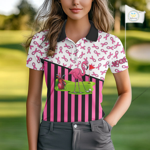 Pink ribbon pattern flamingo Women golf polo shirts Custom breast cancer awareness ladies golf outfit NQS10149