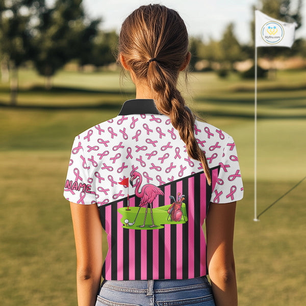 Pink ribbon pattern flamingo Women golf polo shirts Custom breast cancer awareness ladies golf outfit NQS10149